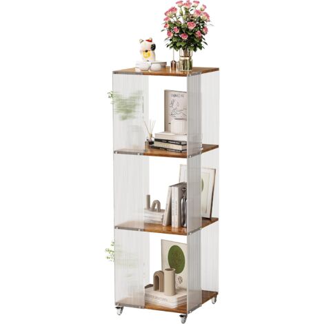 Libreria Decorativa Verticale a Colonna Scaffale in Acrilico e Legno con Ruote