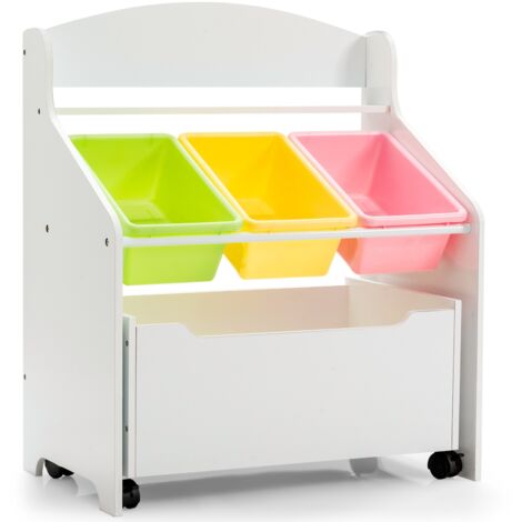 Libreria di legno con ruote per bambini, Organizer libri e giocattoli con 3 cesti, Bianco