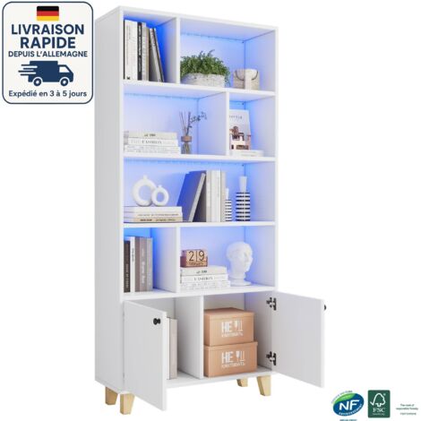 Librería escandinava - 80x30x173cm - Patas de madera maciza - Puertas dobles - Mando a distancia LED que cambia de color - Blanco