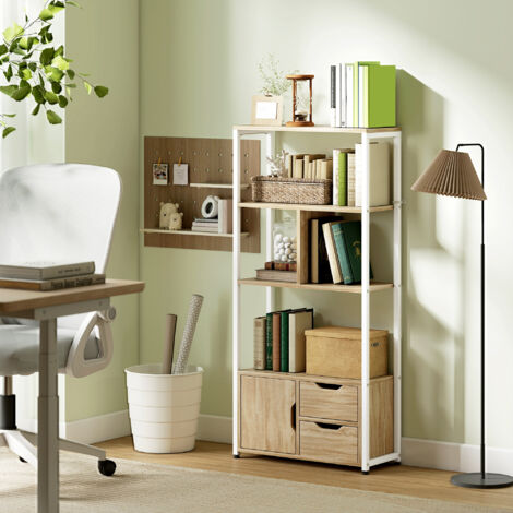 Librería Estantería para Libros con Estantes Cajones y Puerta 58x24x122 cm Estilo Industrial Blanco y Madera Natural