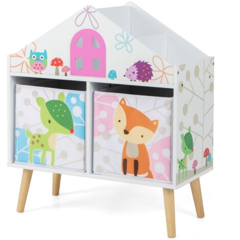 Libreria forma casa bambini scaffale legno 2 contenitori rimovibili gambe legno massello Bianco