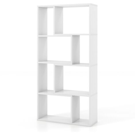 Libreria geometrica a 4 ripiani da 120cm, Organizzatore di stoccaggio moderno con 8 cubi in legno per soggiorno Bianco