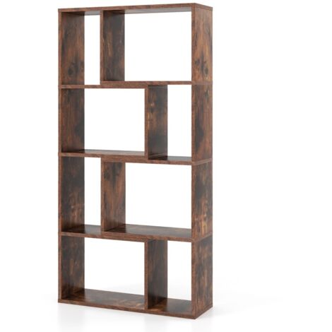 Libreria geometrica a 4 ripiani da 120cm, Organizzatore di stoccaggio moderno con 8 cubi in legno per soggiorno Marrone