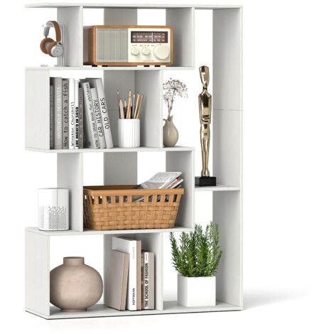 Libreria geometrica con schienale aperto, 6 cubi con kit antiribaltamento, Mensola portaoggetti indipendente 80 x 30 x 119 cm per ufficio, soggiorno, Bianco