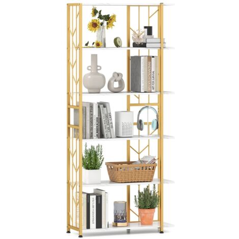 Libreria geometrica moderna telaio metallo letto 6 ripiani 2 kit antiribaltamento soggiorno Bianco
