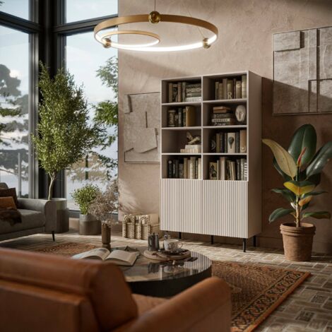 Librería Ghilarza, estantería con compartimentos abiertos y dos puertas, elevada del suelo, 100x42 h177 cm, beige
