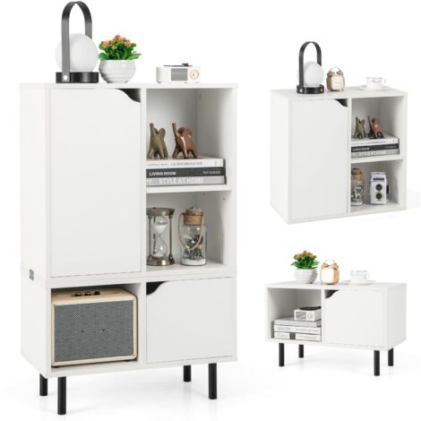 Libreria impilabile, 3 scomparti aperti, 2 armadietti con ante, 3 armadietti a cubo aperti, kit antiribaltamento, bianco