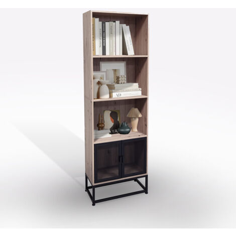 LIBRERIA IN LAMINATO E METALLO CM 60X30 H. 180 ROVERE NODATO E NERO