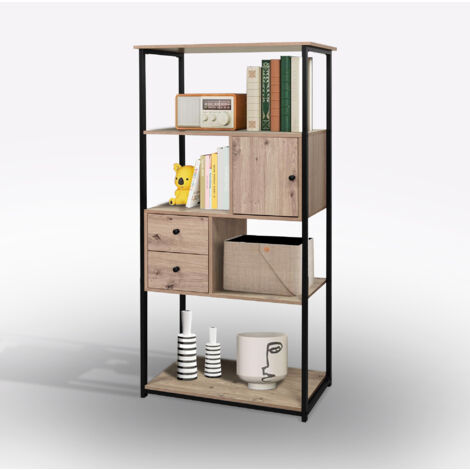 LIBRERIA IN LAMINATO E METALLO CM 80X30 H. 160 ROVERE NODATO E NERO