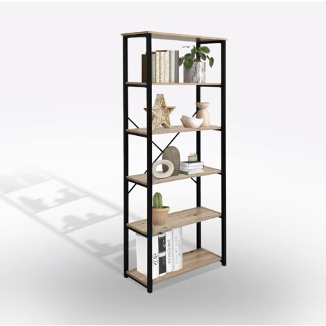 LIBRERIA IN LAMINATO E METALLO CM 80X30 H. 180 ROVERE NODATO E NERO