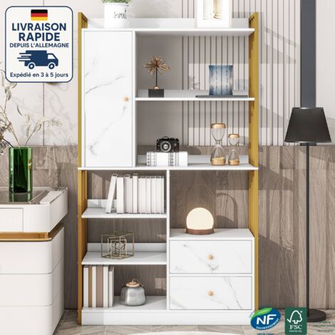 Librería industrial de suelo a techo con 6 estantes, puertas y cajones integrados - estructura de acero, estilo vintage, estampado de mármol blanco + dorado