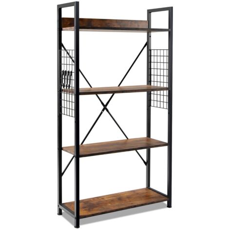 Libreria industriale a 4 livelli con ganci piedini regolabili e ripiano, Libreria multiuso 64x24x110 cm Marrone