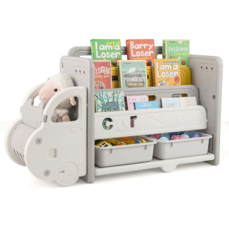 Librería infantil 108 x 35 x 63,5 cm diseño ergonómico en forma de coche ambiente lúdico beige y gris 200013346