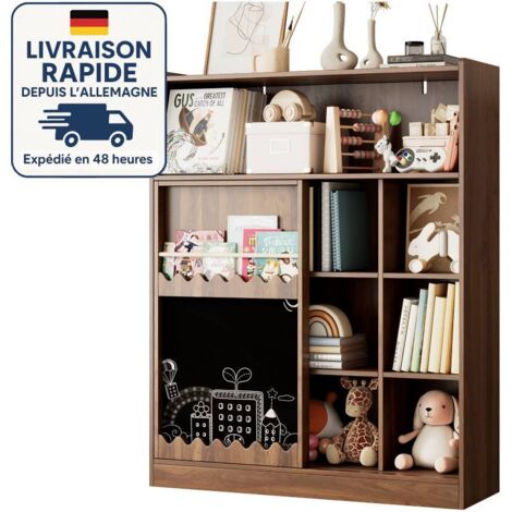Librería infantil con pizarra, puerta corredera y estante para libros ilustrados. 9 estantes abiertos. Medidas: 120 x 38,5 x 151,5 cm. Madera con certificación PEFC.