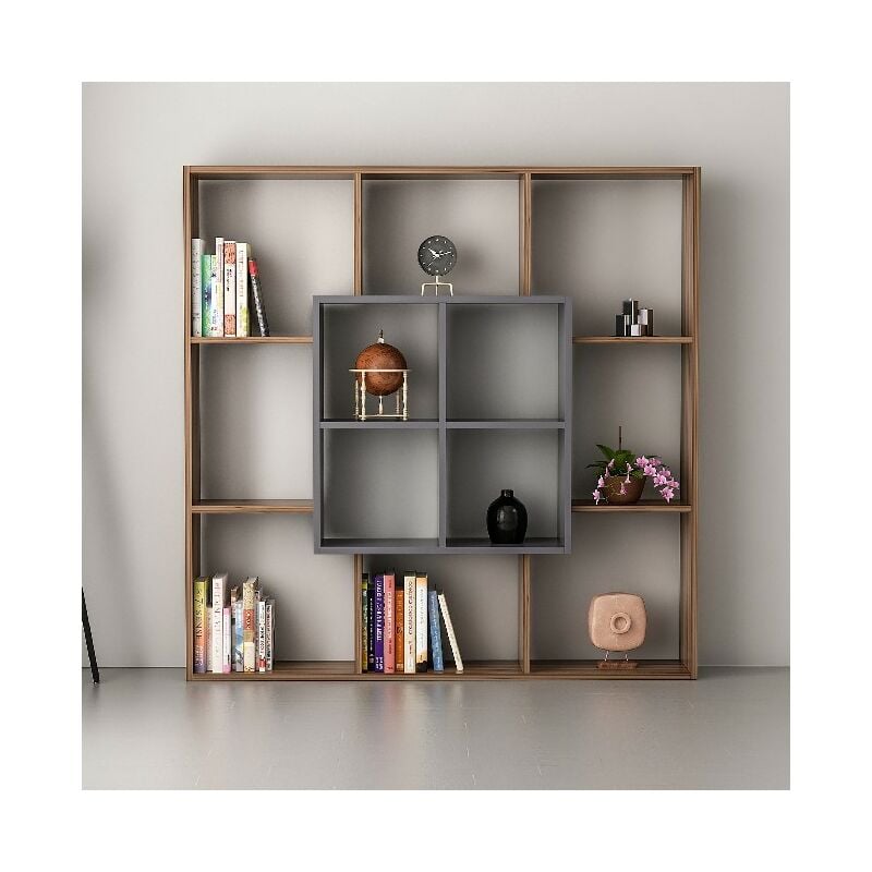 

Libreria Leef Estanteria para Libros, Mueble de Pared - con Compartimientos - para Salon, Oficina, Estudio - Nogal, Antracita en Madera, 136 x 22 x