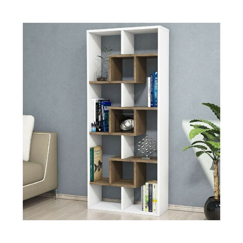 

Libreria Luter - Unidad de pared de esquina, estante - con estantes - Sala de estar, Oficina, Hall - Blanco, Madera de nogal, 60 x 22 x 140 cm