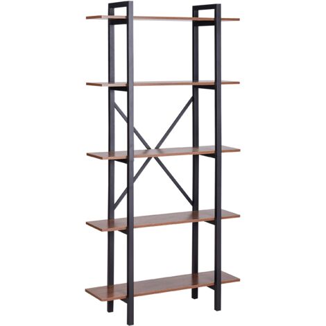 Librería madera oscura metal negro marco de acero 5 niveles parte posterior abierta patas ajustables industrial Darby
