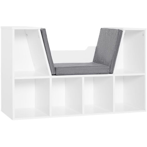 Libreria mobile 2 in 1 a 6 sezioni con morbidi cuscini, in legno, schiuma e poliestere, 102x30x61 cm, bianca