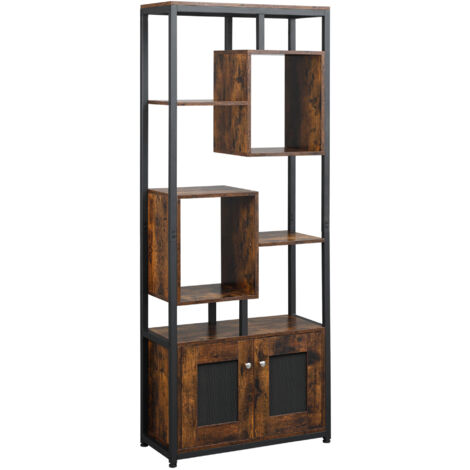 Libreria mobile in stile industriale con armadietto a 2 ante, ripiano salvaspazio a 8 ripiani per casa e ufficio, 70x30x180 cm, marrone.