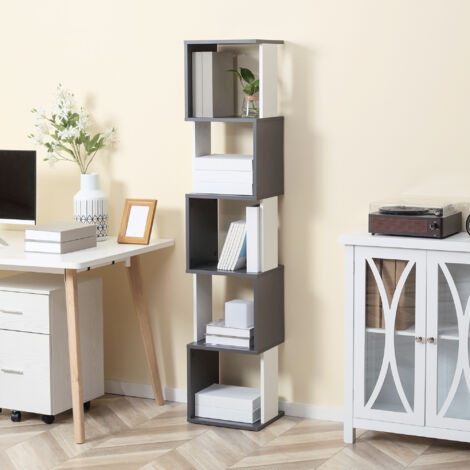 Libreria Moderna a 5 Ripiani in Legno, Mobile Libreria Salvaspazio per Soggiorno, Casa e Ufficio, 33x28x161cm, Grigio e Bianco