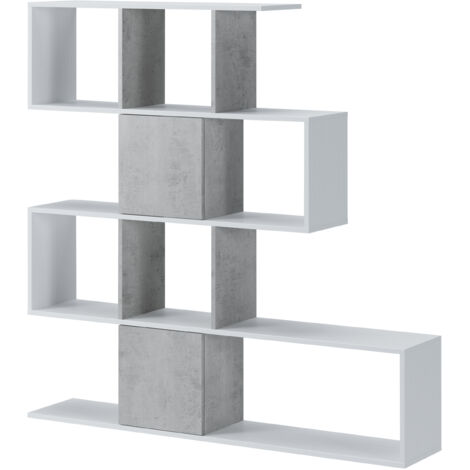 Libreria Moderna Asimmetrica Porta Libri Mensole Ripiani Design Bifacciale Con Vani Aperti e Chiusi Soggiorno Salotto 145 x 27,8 x 142 Cm Bianco e Grigio Cemento