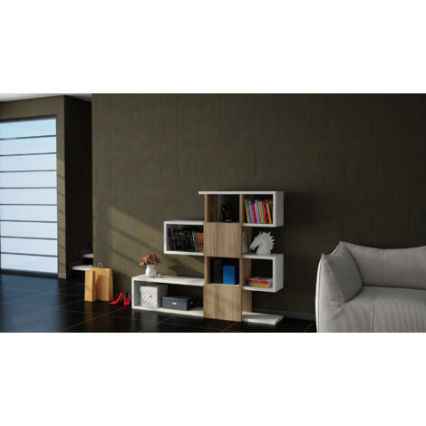 Libreria moderna, bianca e noce, 120 x 109 x 19,5 cm, 100% melaminico, montaggio a parete, design elegante