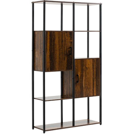 Libreria moderna in stile industriale con 4 ripiani e 2 armadietti, ripiani in metallo e legno per casa e ufficio, 90x30x159,5 cm, nero e marrone