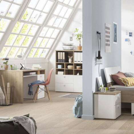 Libreria moderna legno e bianco laccato con vani aperti e cassetti scorrevoli per soggiorno e ufficio Aurora