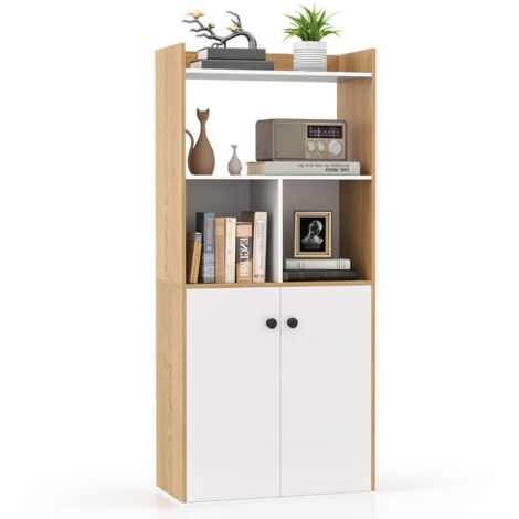Libreria moderno con ripiani ante e scomparti aperti, Scaffale multiuso con gambe inclinate per soggiorno 60x30x140cm