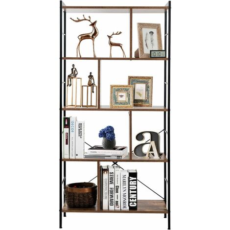 Libreria Multifunzionale con 5 Mensole, Scaffale Libreria in Stile Industriale con Struttura di Metallo, Scaffale con Tanto Spazio, Scaffale con Divisori, per Casa, Ufficio, Marrone Rustico