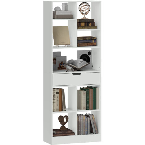 Libreria multiuso, 9 scomparti, cassetto, sistema antiribaltamento, 60 x 26 x 158 cm, bianca