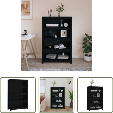 Libreria nera - Libreria Nera 80x35x126 cm in Legno Massello di Pino