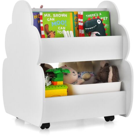 Libreria per bambini a 2 livelli con ruote aspetto adorabile e angoli arrotondati, Libreria bimbi spaziosa Bianco