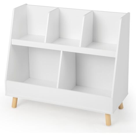 Libreria per bambini a 5 cubi con gambe in legno e kit antiribaltamento, Organizzatore per giochi per asilo nido Bianco