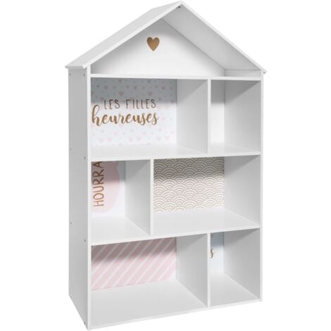 Libreria per bambini a 7 scomparti a forma di casa, bianca e rosa, 73 cm