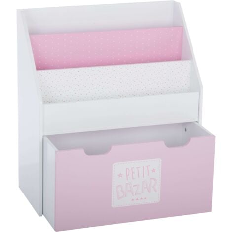 Libreria per bambini con cassetto e ruote per ragazzi e ragazze, 2 ripiani, contenitore a più livelli, bianco e rosa, 62,5 cm