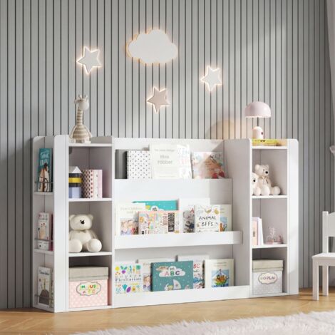 Libreria per bambini con vani a giorno, ripiani per libri e giocattoli, angoli arrotondati, MDF bianco.