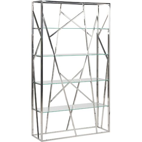 Librería plateada 4 estantes de vidrio templado estructura de acero inoxidable 175 x 100 cm glam decorativa Hoxie