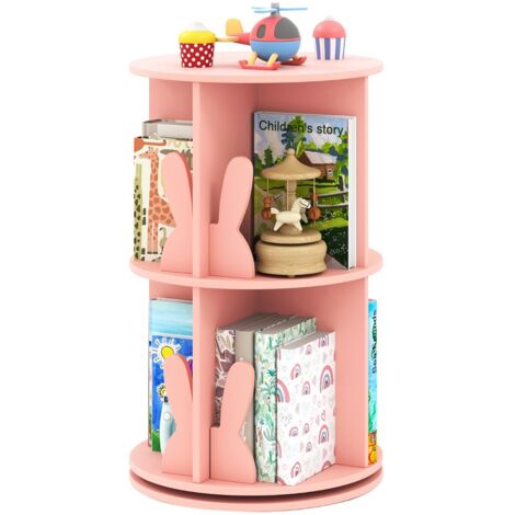 Libreria rotante per bambini scaffale girevole a 360° con 2 ripiani, Portaoggetti con paratie a forma di coniglio Rosa