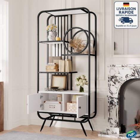 Libreria scaffale 80x30x180 cm, Ripiani multipli, 2 ante, portafiori, metallo + MDF, bianco e nero