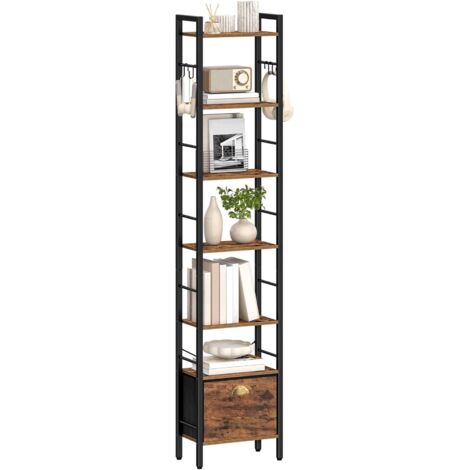 Libreria, Scaffale a 7 Ripiani, 1 Cassetti in Tessuto Pieghevoli, Scaffale Aperto, Stile Industriale, Adatta per Studio, Soggiorno, Marrone Rustico