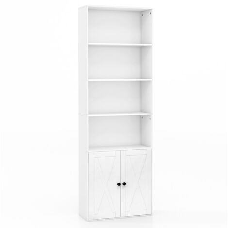 Libreria scaffale con ante stile rustico 6 ripiani e 2 ante, Libreria da 180cm con ripiano regolabile Bianco