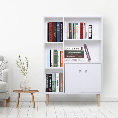 Libreria Scaffale Design Moderno Salvaspazio con 2 Porte da Salotto Pannelli di Particelle 80x23.5x123cm Bianco