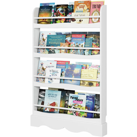 Scaffale in Legno a 4 Ripiani Portariviste per bambini Scaffale per Giocattoli Libreria Bambini Mobile Portalibri da Muro 80 x 11.5 x 118 cm Bianco 