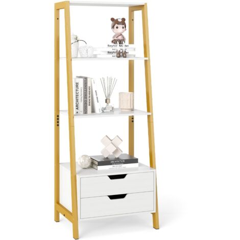 Libreria scala cassetti camera letto ufficio casa scaffale autoportante 4 ripiani 2 cassetti Bianco