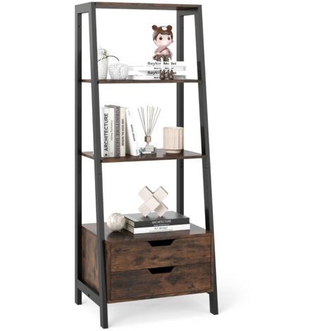 Libreria scala cassetti camera letto ufficio casa scaffale autoportante 4 ripiani 2 cassetti Marrone