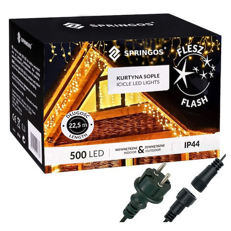 SPRINGOS Lichtervorhang 500 LEDs Flash 22,5 m Warmweiß