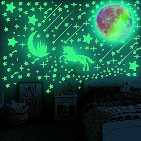 Licorne Étoile Lumineuse Plafond Stickers Muraux-Étoile Fluorescente.Arc en Ciel Décoration Chambre Enfant et Fille (vert)