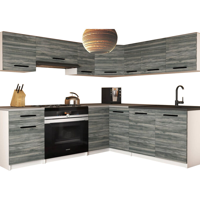 Lidier - Cuisine complète L360 cm - Cuisine d'angle 9 pcs - Plan de travail inclus Glamour wood - Glamour wood