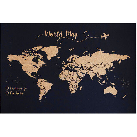 Carte du monde en liège - Woody Map Colors Bleu - 90 x 60 cm / Cadre Noir